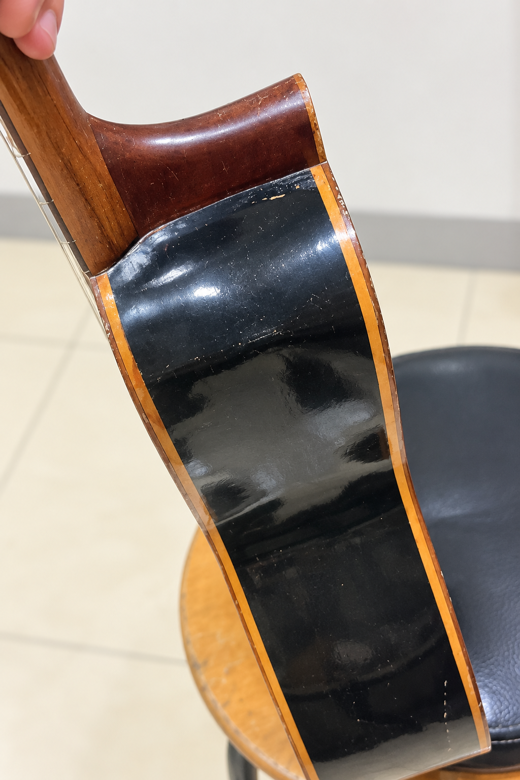 Side and neck-joint view of the exact one-off Bandola Llanera with visible cosmetic wear